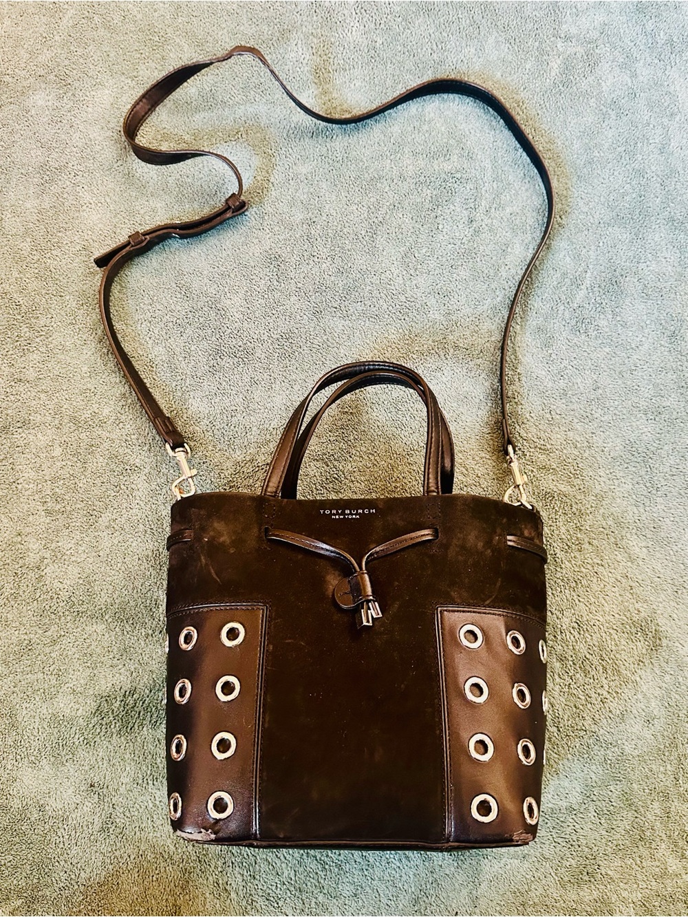 Tory Burch Black Suede & Leather Grommet Bucket Tote Crossbody Bag